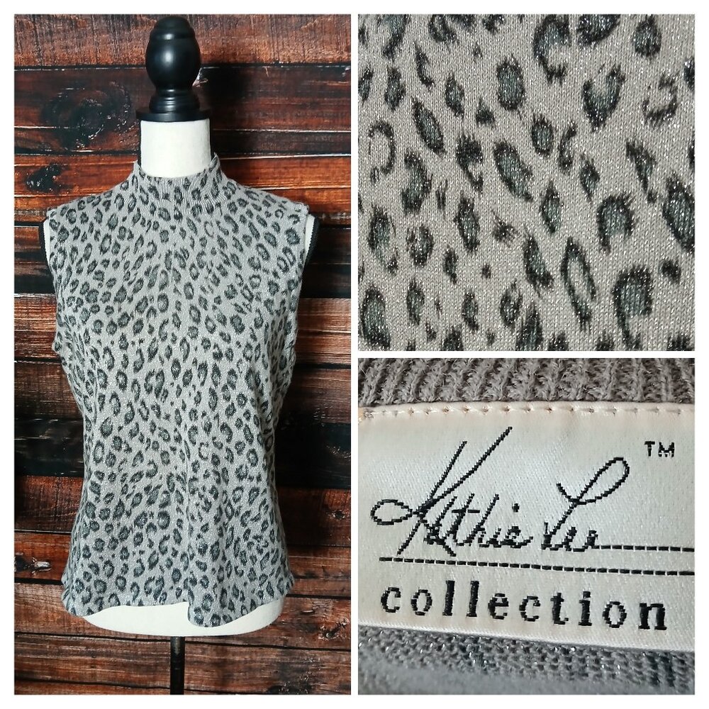 Kathie Lee Vintage Top L Ramie Knit Metallic Silver Leopard Print
